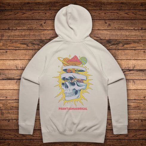 Expand Your Mind mystical midweight hoodie in Bone, Black, and Pink, featuring a psychedelic design, kangaroo pocket, and raglan sleeves.